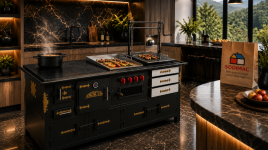 Estufa Ergonatura negra funcionando en cocina lujosa moderna con respaldo Sodimac en Colombia