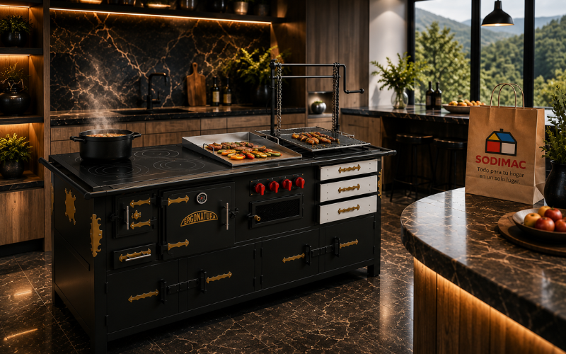 Estufa Ergonatura negra funcionando en cocina lujosa moderna con respaldo Sodimac en Colombia